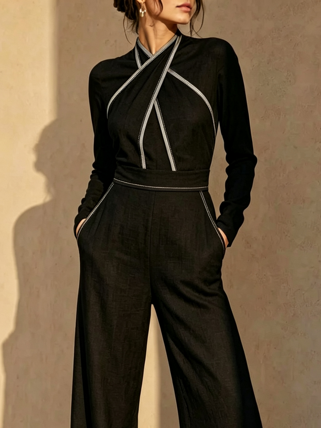 Conjunto de Dos Piezas Negro: Top Cruzado de Cuello Alto en Mezcla de Lino con Costuras Contraste y Pantalón Ancho de Talle Alto