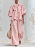 Conjunto Rosa Palo: Top con Lazo y Mangas Abullonadas en Mezcla de Lino y Pantalón Ancho
