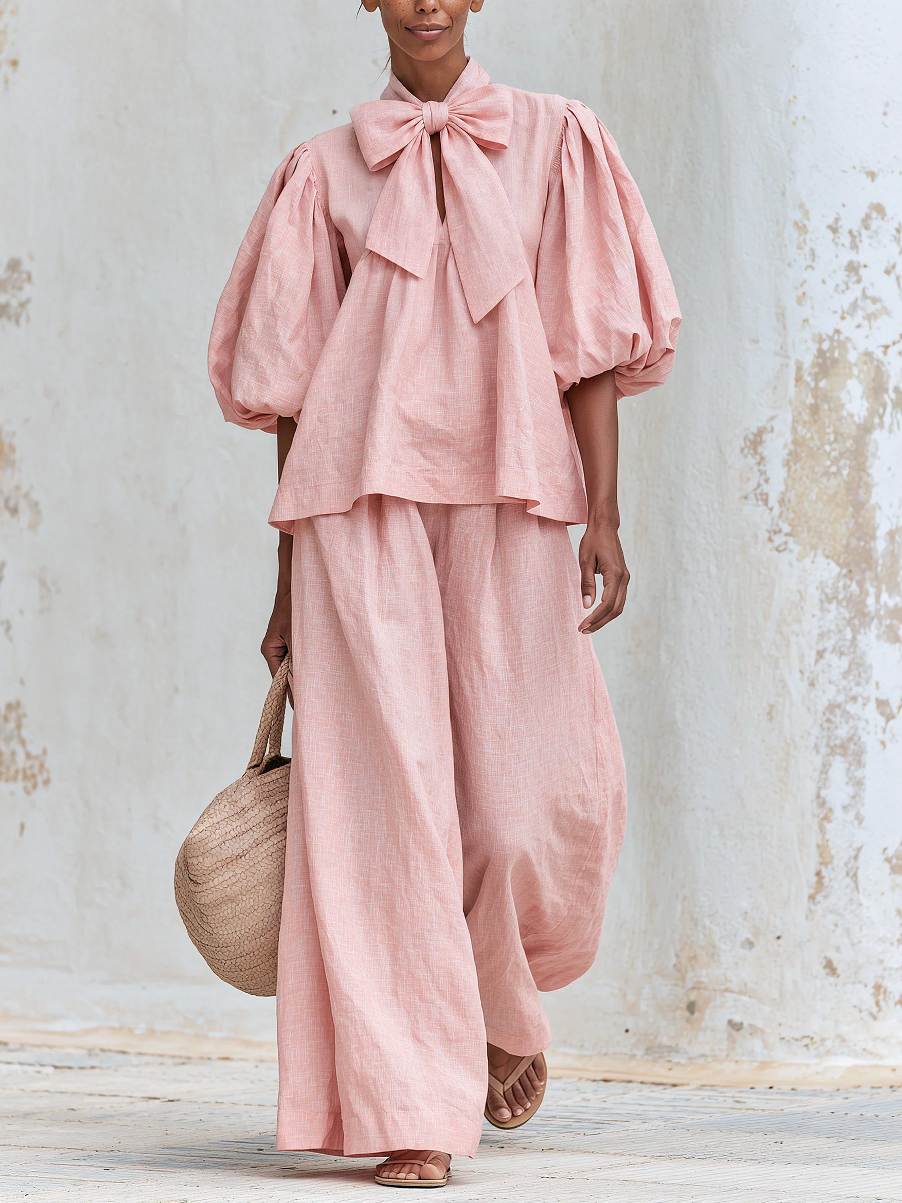 Conjunto Rosa Palo: Top con Lazo y Mangas Abullonadas en Mezcla de Lino y Pantalón Ancho