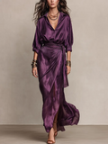 Vestido Maxi Satinado Ciruela Cruzado con Cintura Drapeada