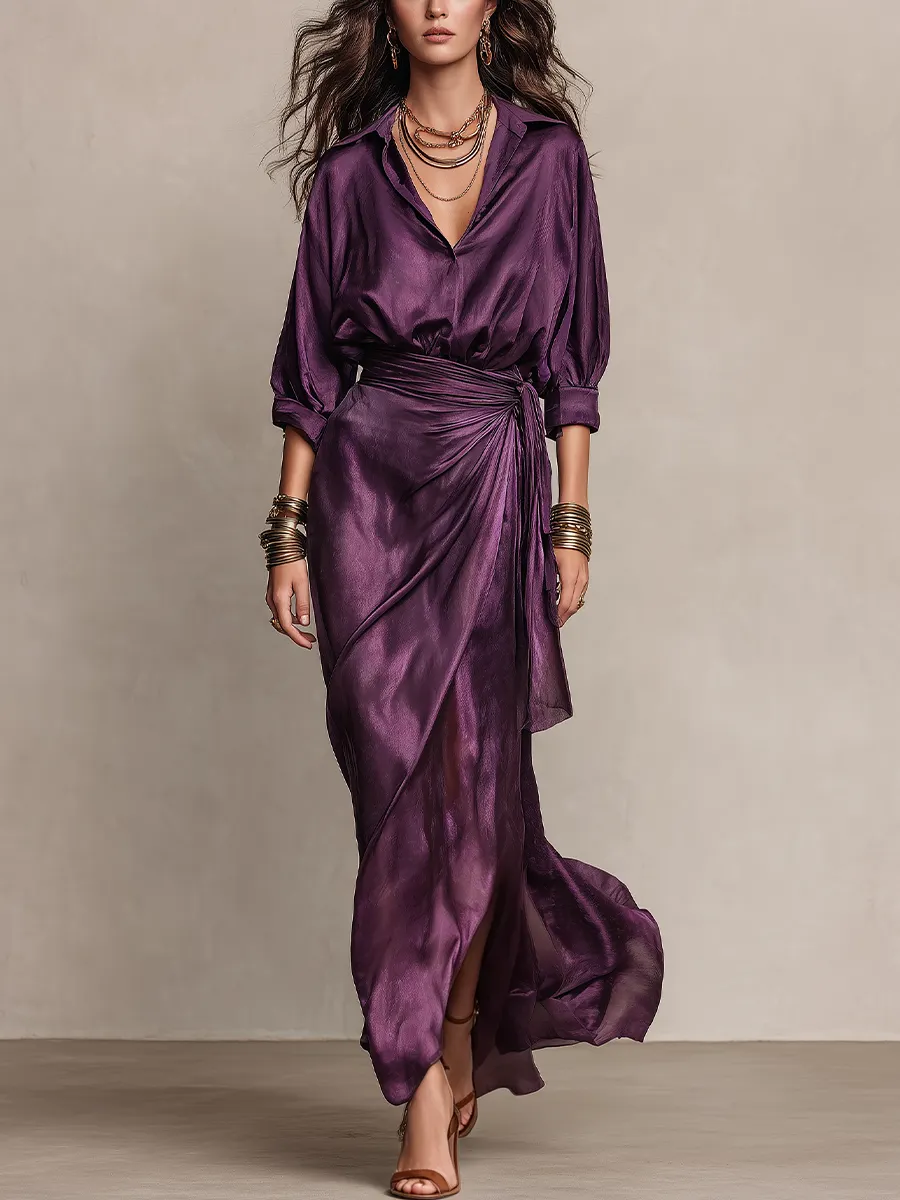 Vestido Maxi Satinado Ciruela Cruzado con Cintura Drapeada