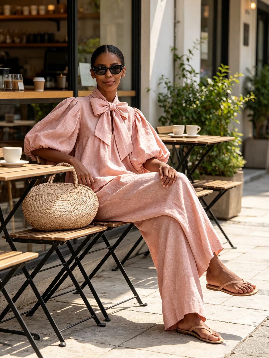 Conjunto Rosa Palo: Top con Lazo y Mangas Abullonadas en Mezcla de Lino y Pantalón Ancho