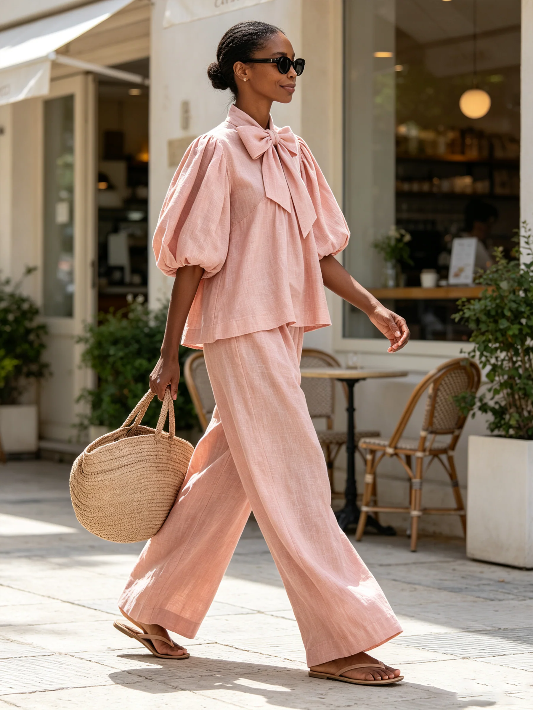 Conjunto Rosa Palo: Top con Lazo y Mangas Abullonadas en Mezcla de Lino y Pantalón Ancho