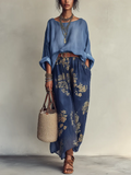 Conjunto de Dos Piezas Azul: Top Oversize y Falda Maxi con Estampado Floral