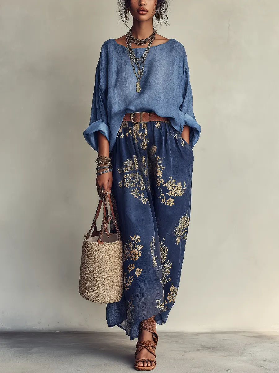 Conjunto de Dos Piezas Azul: Top Oversize y Falda Maxi con Estampado Floral