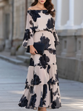 Vestido Maxi Elegante Beige de Hombros Descubiertos con Estampado y Bajo de Volantes