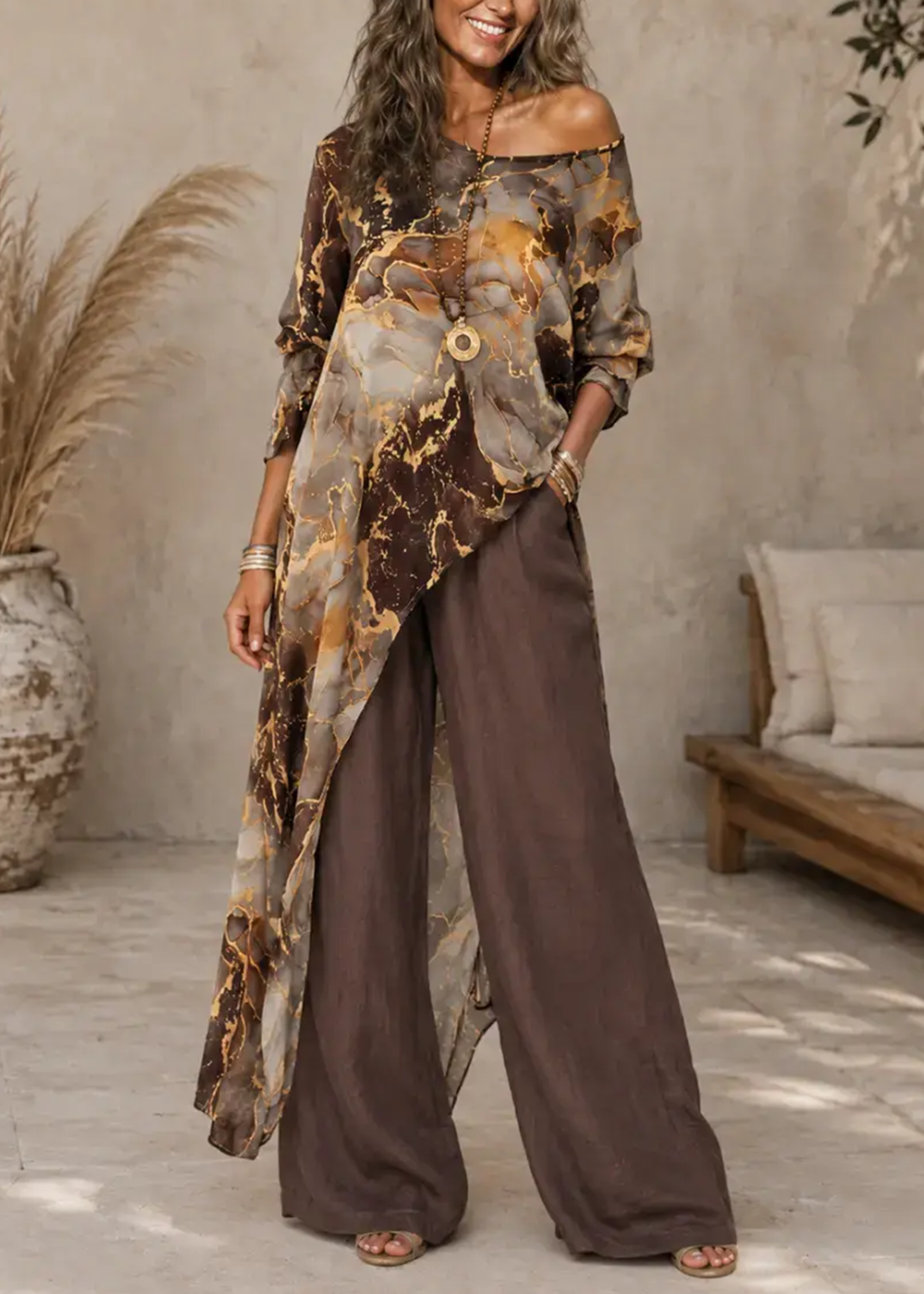 Conjunto Marrón: Top Estampado de Hombros Descubiertos con Bajo Irregular y Pantalón Ancho
