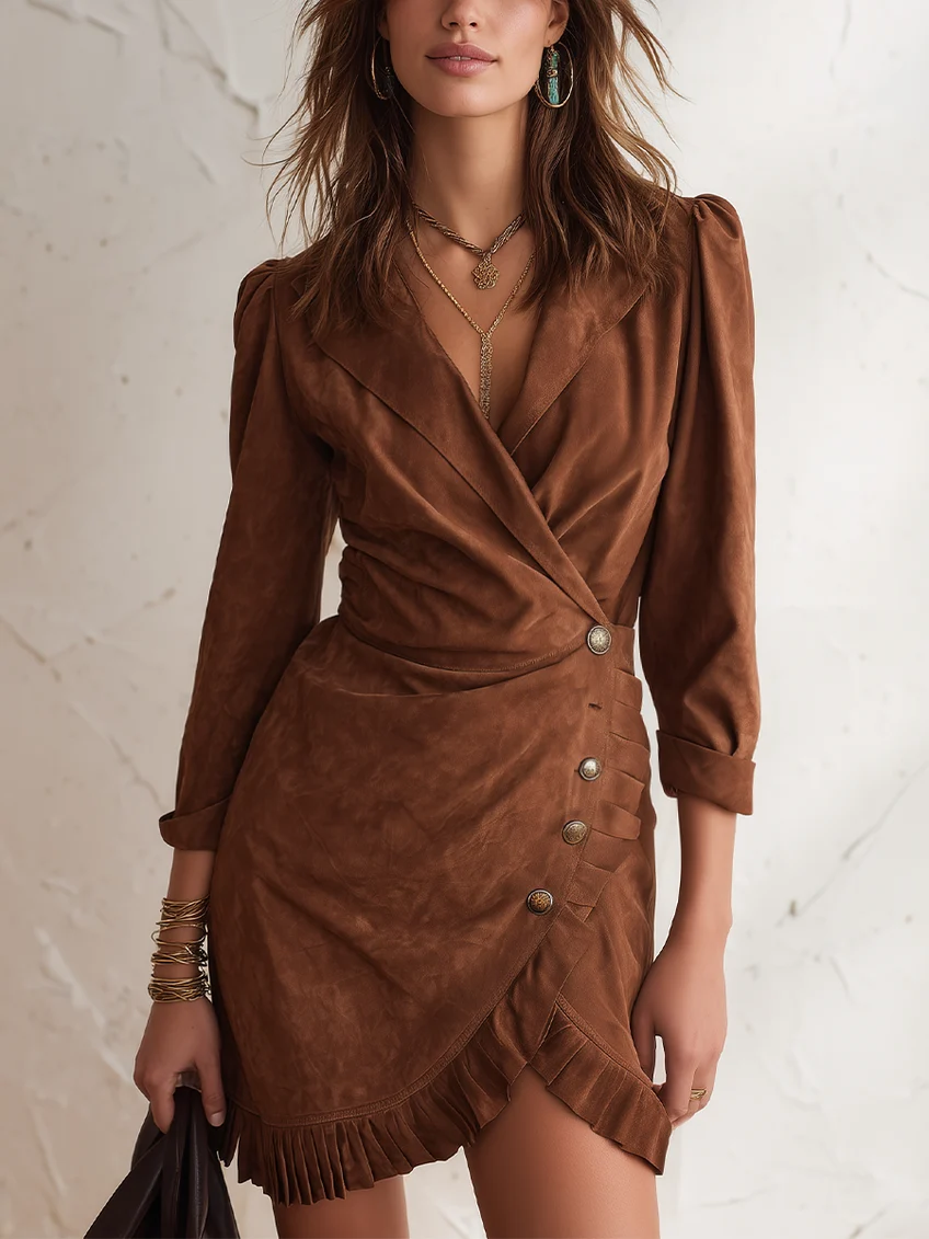 Vestido Mini Marrón de Escote en V, Cintura Marcada y Bajo Asimétrico