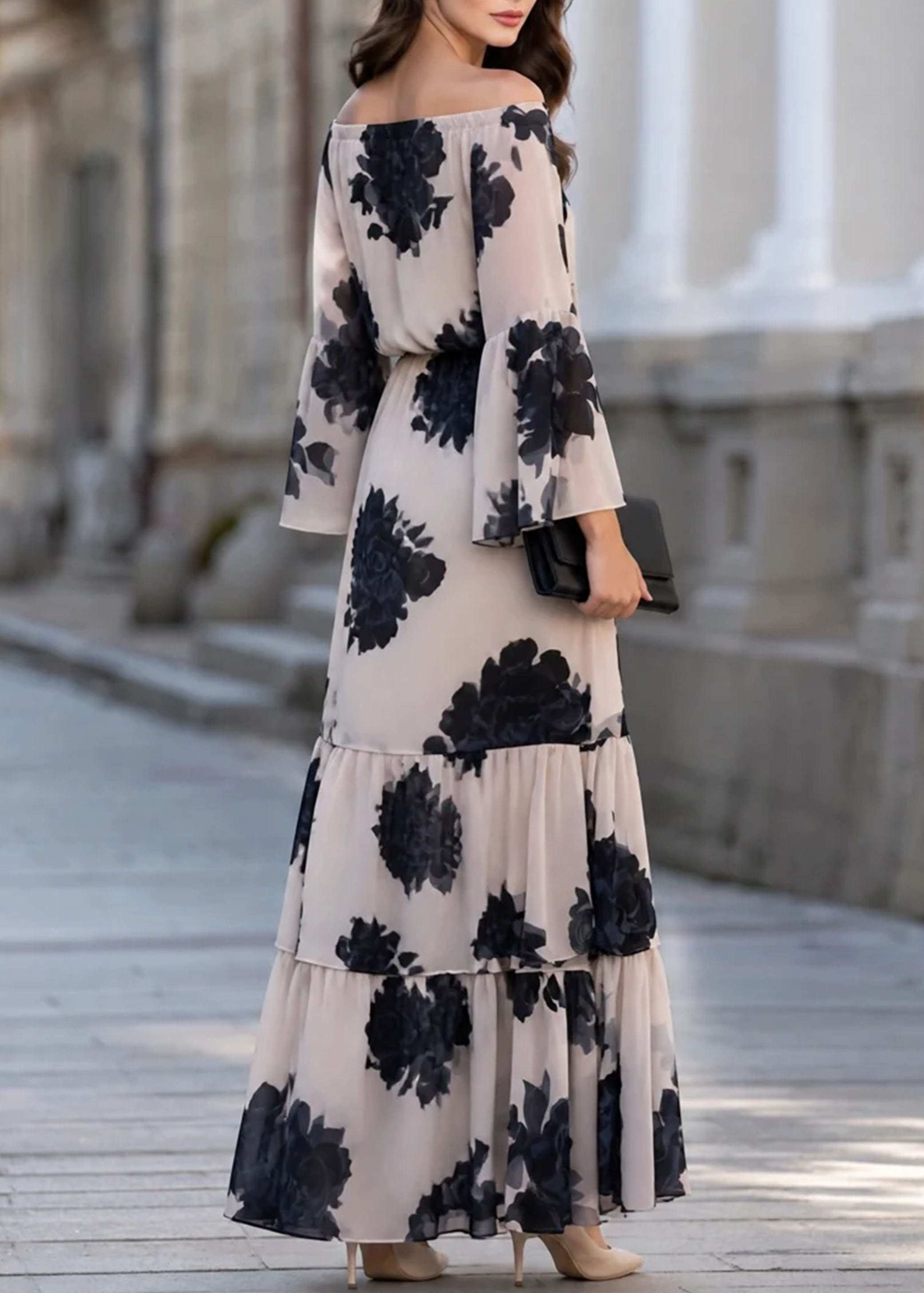 Vestido Maxi Elegante Beige de Hombros Descubiertos con Estampado y Bajo de Volantes