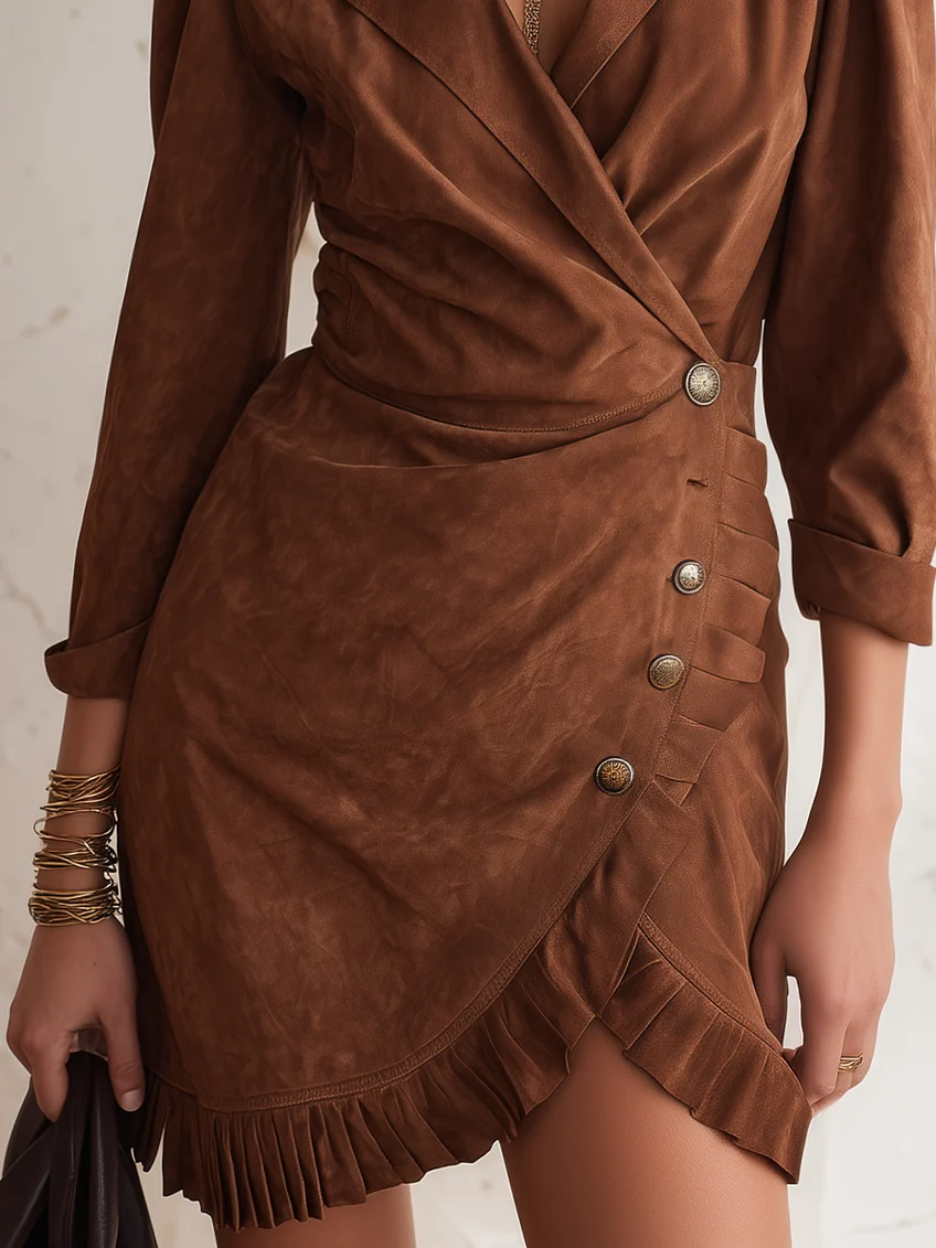 Vestido Mini Marrón de Escote en V, Cintura Marcada y Bajo Asimétrico