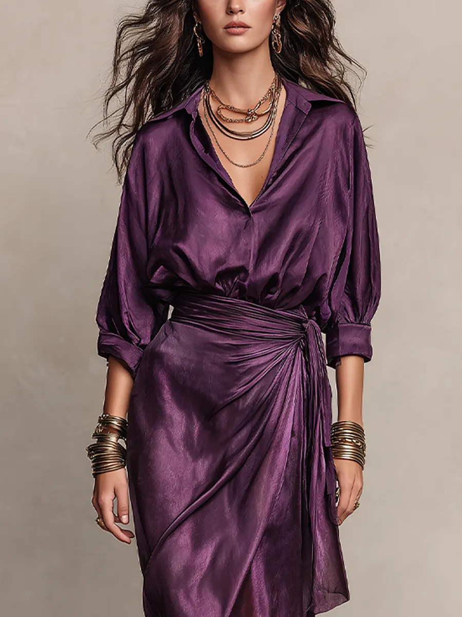 Vestido Maxi Satinado Ciruela Cruzado con Cintura Drapeada