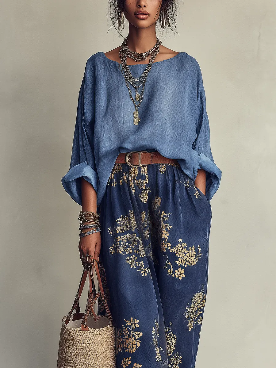 Conjunto de Dos Piezas Azul: Top Oversize y Falda Maxi con Estampado Floral