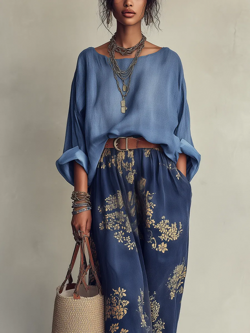 Conjunto de Dos Piezas Azul: Top Oversize y Falda Maxi con Estampado Floral