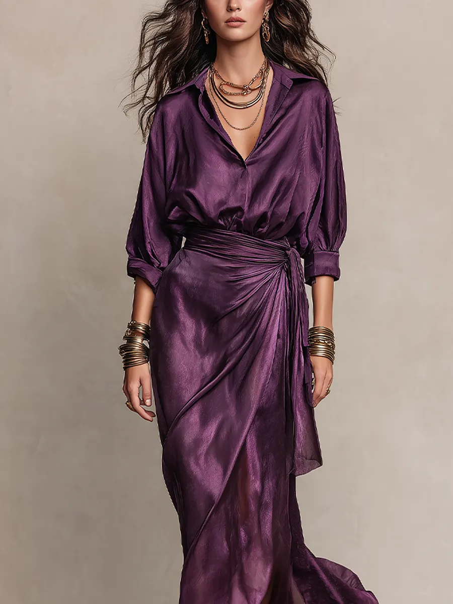 Vestido Maxi Satinado Ciruela Cruzado con Cintura Drapeada