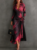 Vestido Maxi de Fiesta Negro y Rojo con Estampado Abstracto, Cuello Cruzado, Manga Larga y Cinturón