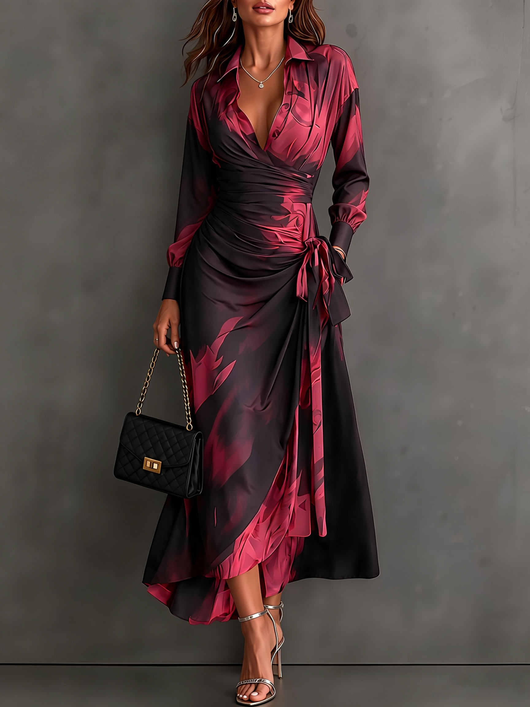 Vestido Maxi de Fiesta Negro y Rojo con Estampado Abstracto, Cuello Cruzado, Manga Larga y Cinturón