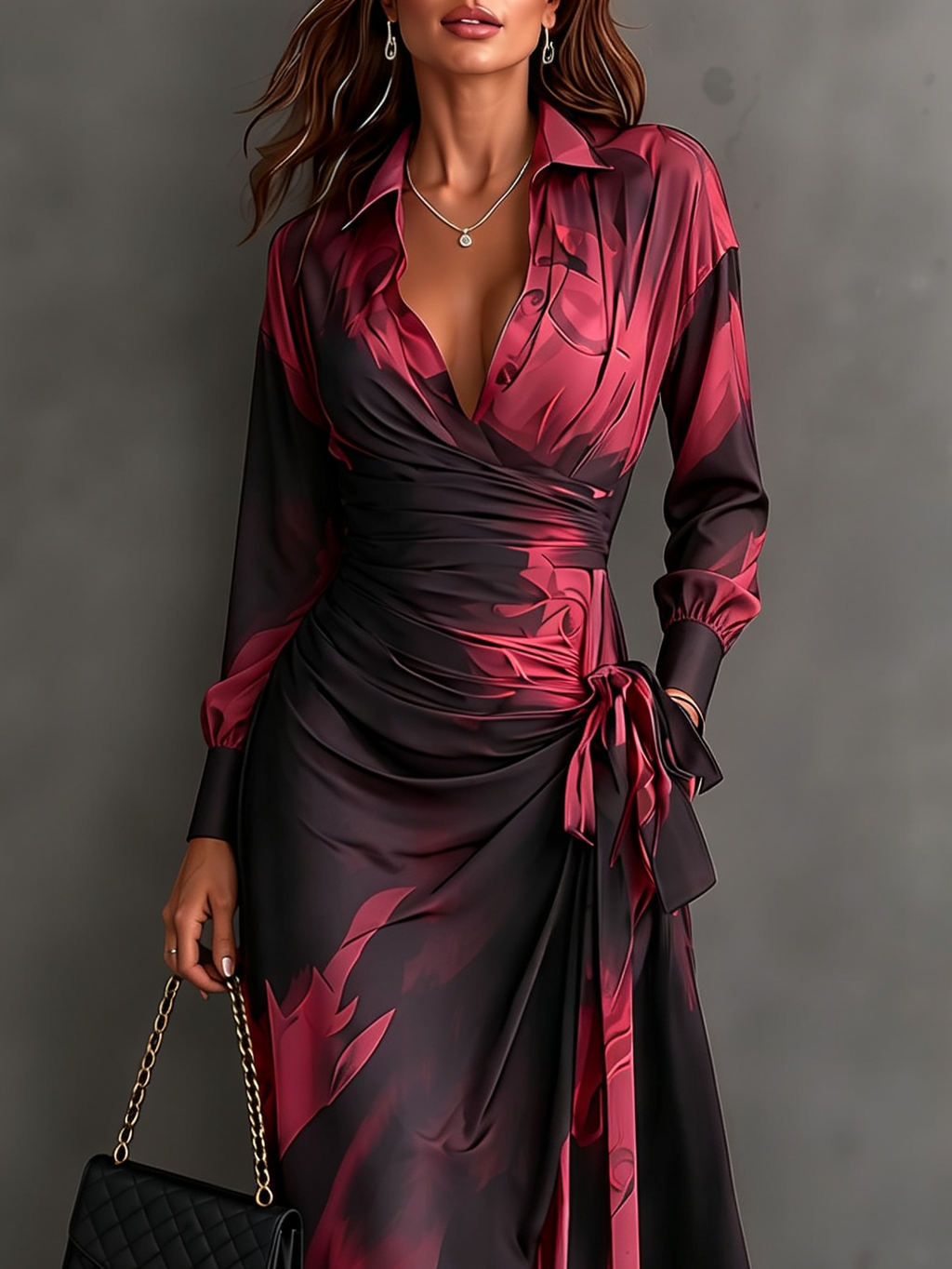 Vestido Maxi de Fiesta Negro y Rojo con Estampado Abstracto, Cuello Cruzado, Manga Larga y Cinturón