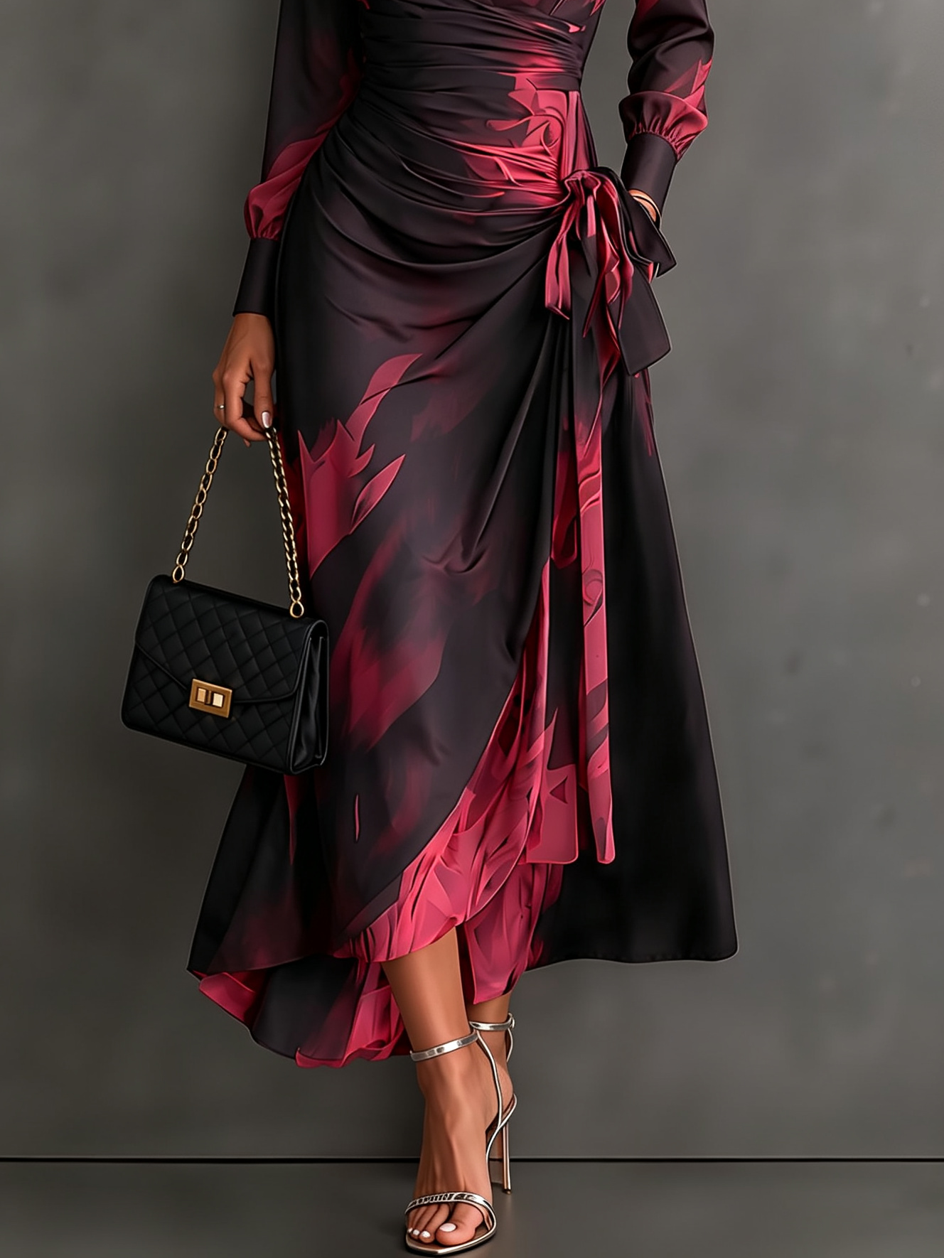 Vestido Maxi de Fiesta Negro y Rojo con Estampado Abstracto, Cuello Cruzado, Manga Larga y Cinturón