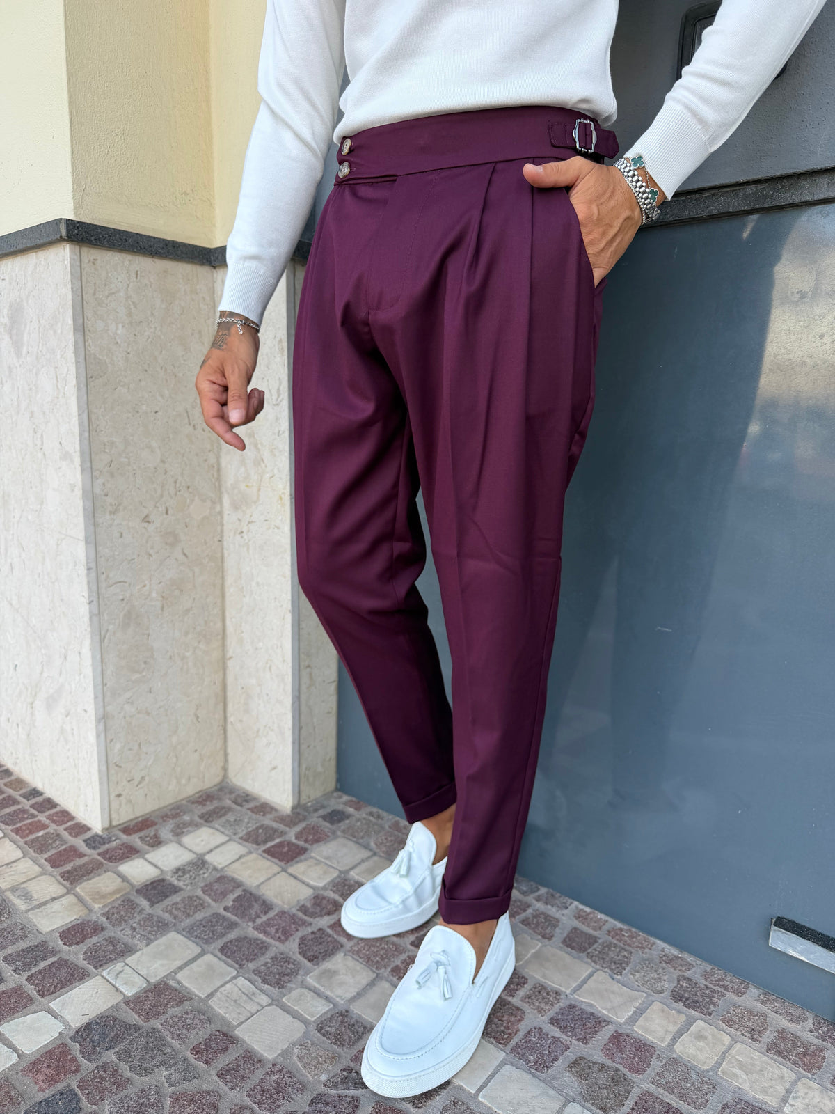 Pantalón de Algodón con Cinturilla Alta y Pinzas