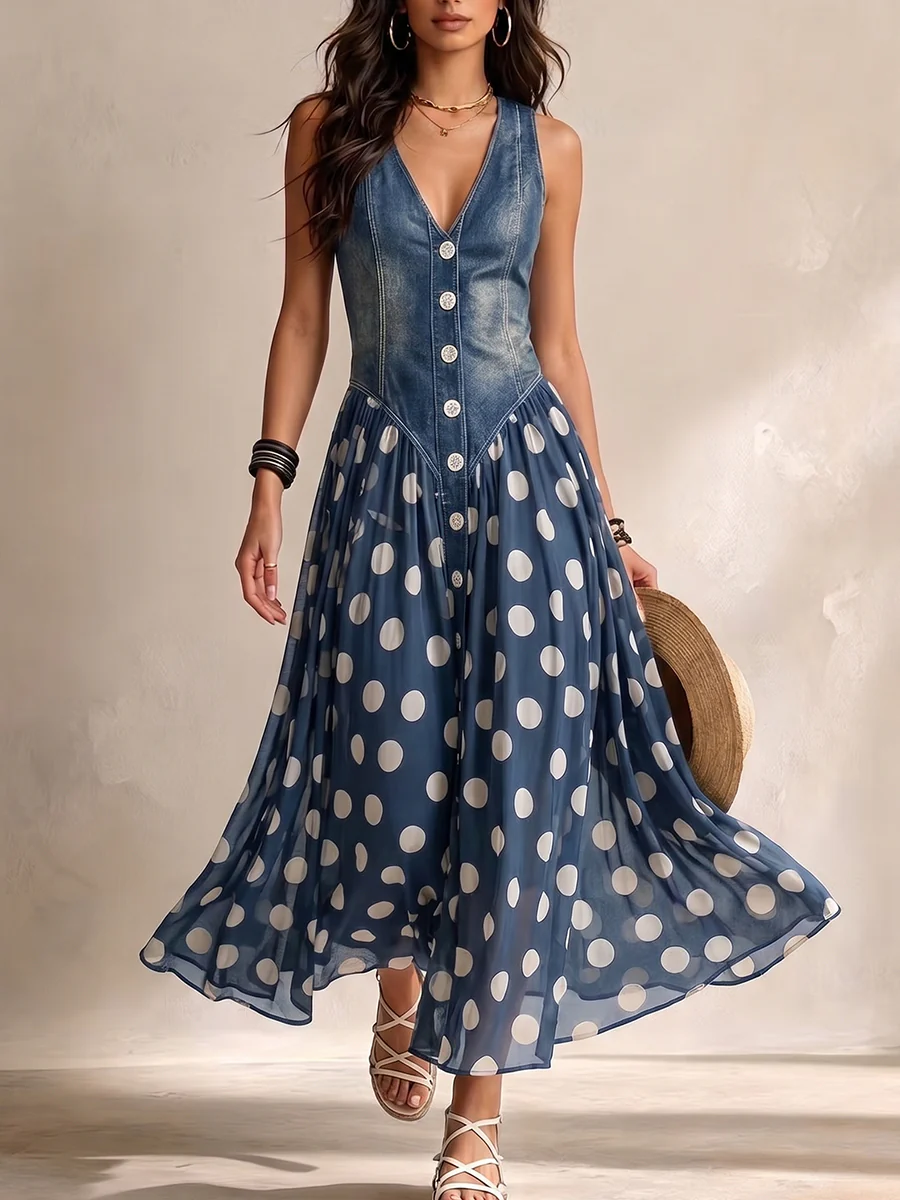 Vestido Largo Denim con Lunares, Escote en V y Corsé