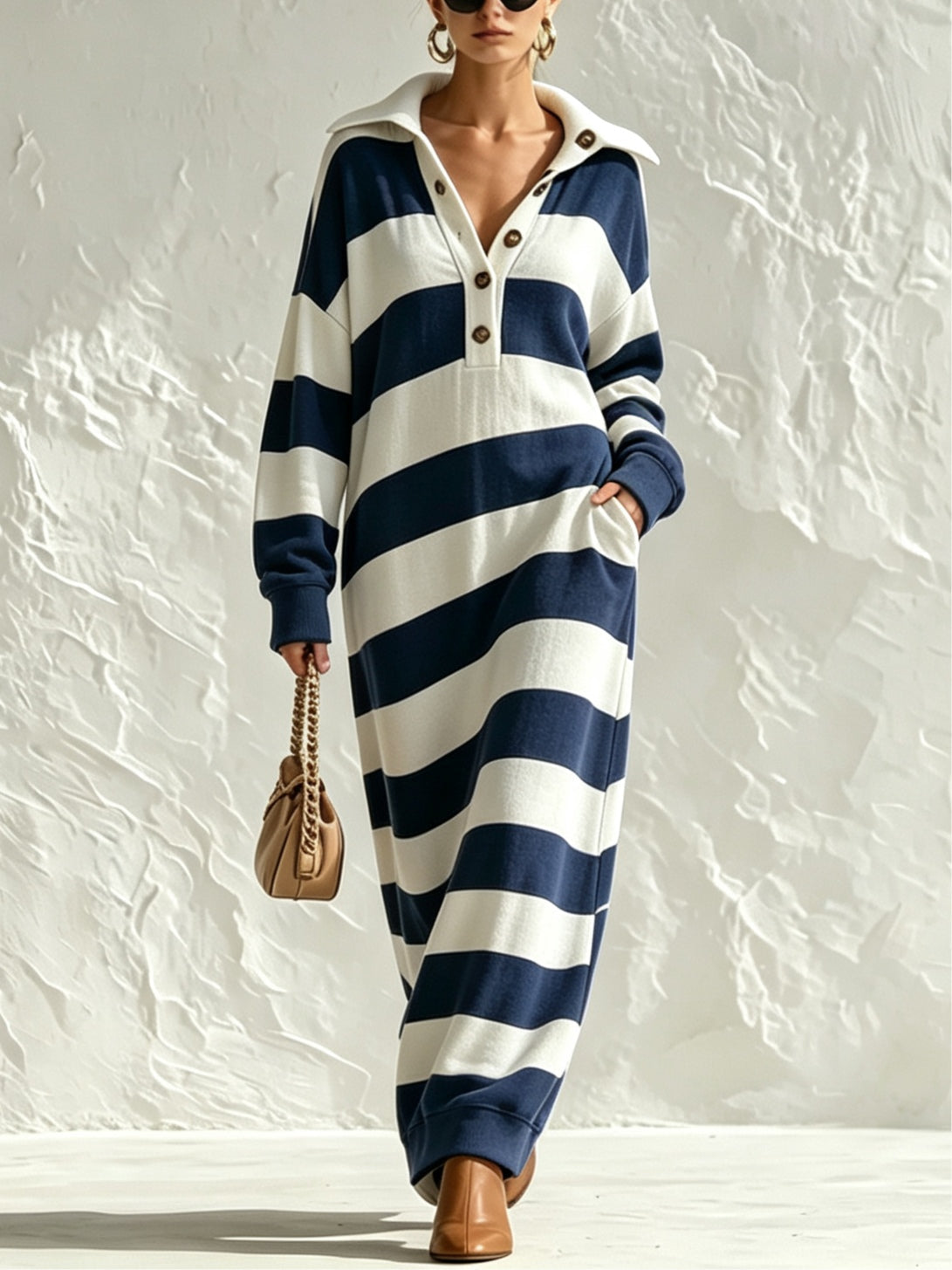Vestido Maxi Casual Azul Marino a Rayas con Cuello y Botonadura Frontal