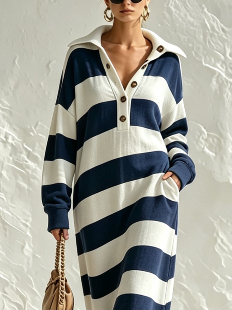 Vestido Maxi Casual Azul Marino a Rayas con Cuello y Botonadura Frontal