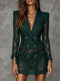 Vestido Mini Verde Oscuro Estilo Blazer Cruzado de Encaje con Cuello y Cinturón