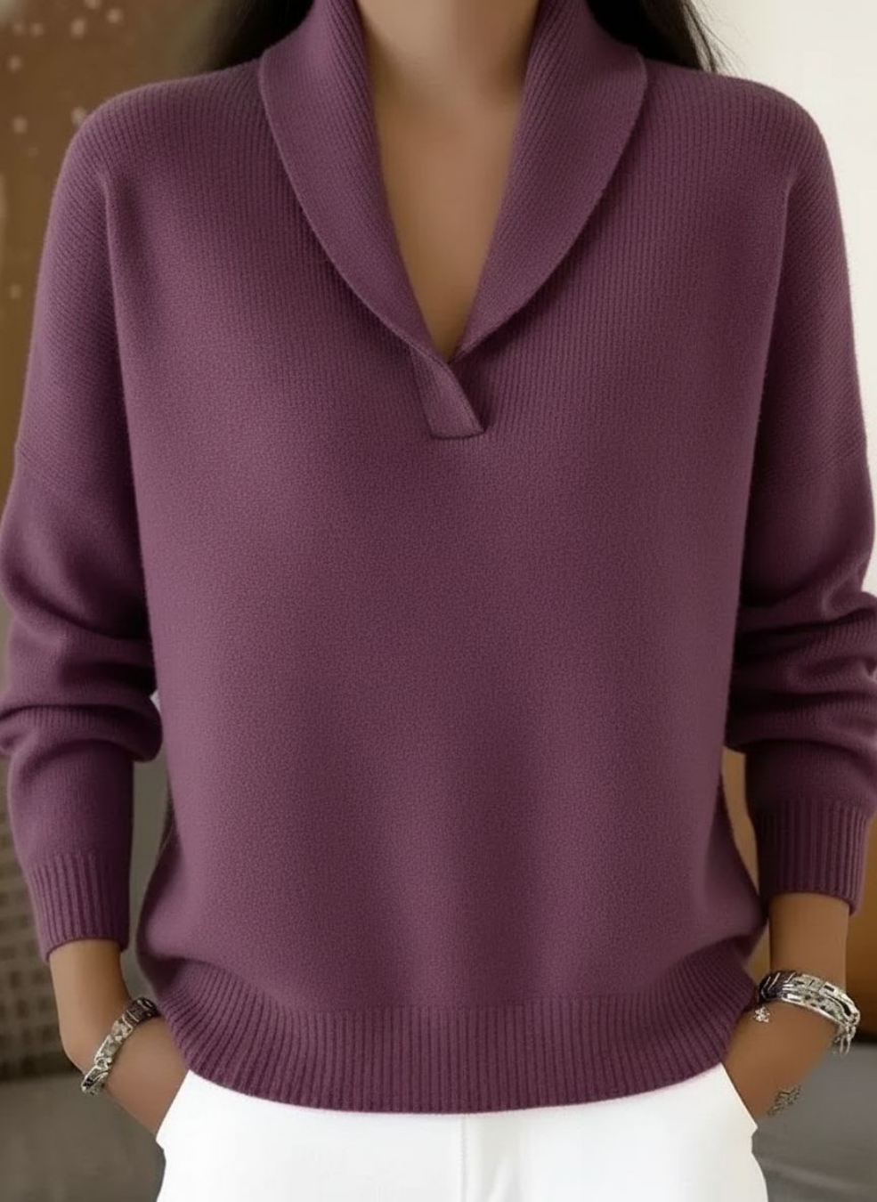 Jersey de Cuello en V con Solapa Tipo Chal