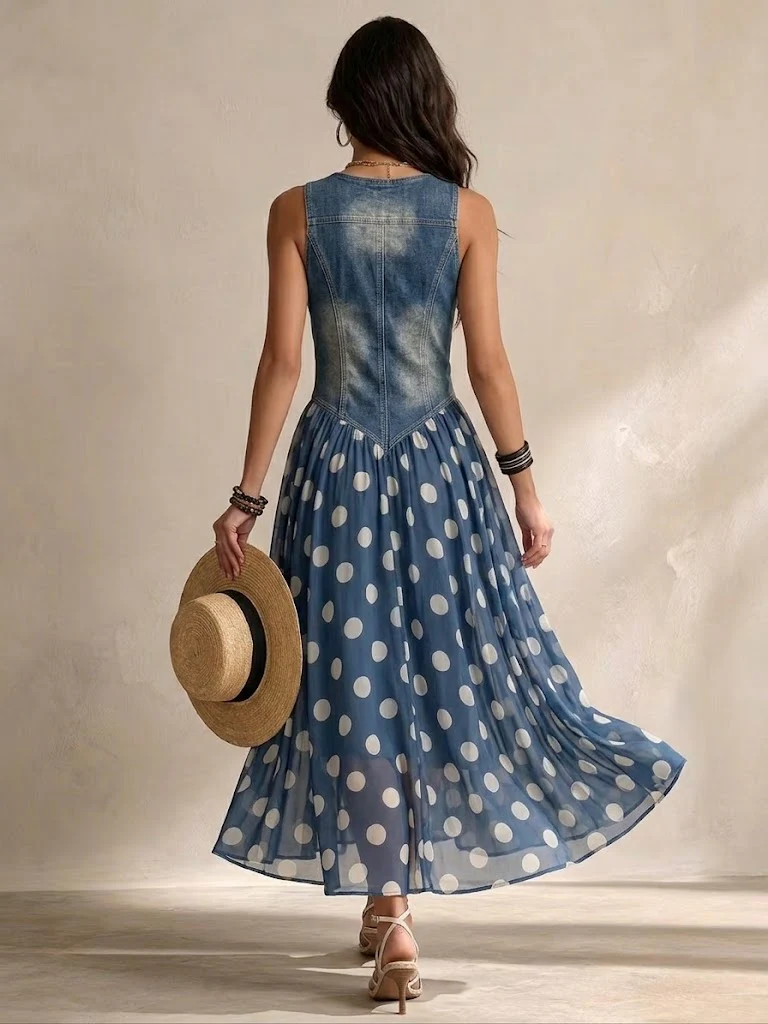 Vestido Largo Denim con Lunares, Escote en V y Corsé