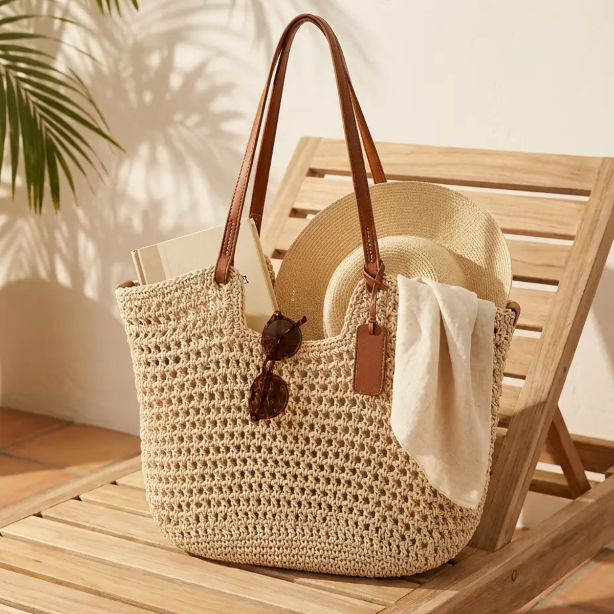 Bolso Shopper Trenzado a Mano en Beige Claro