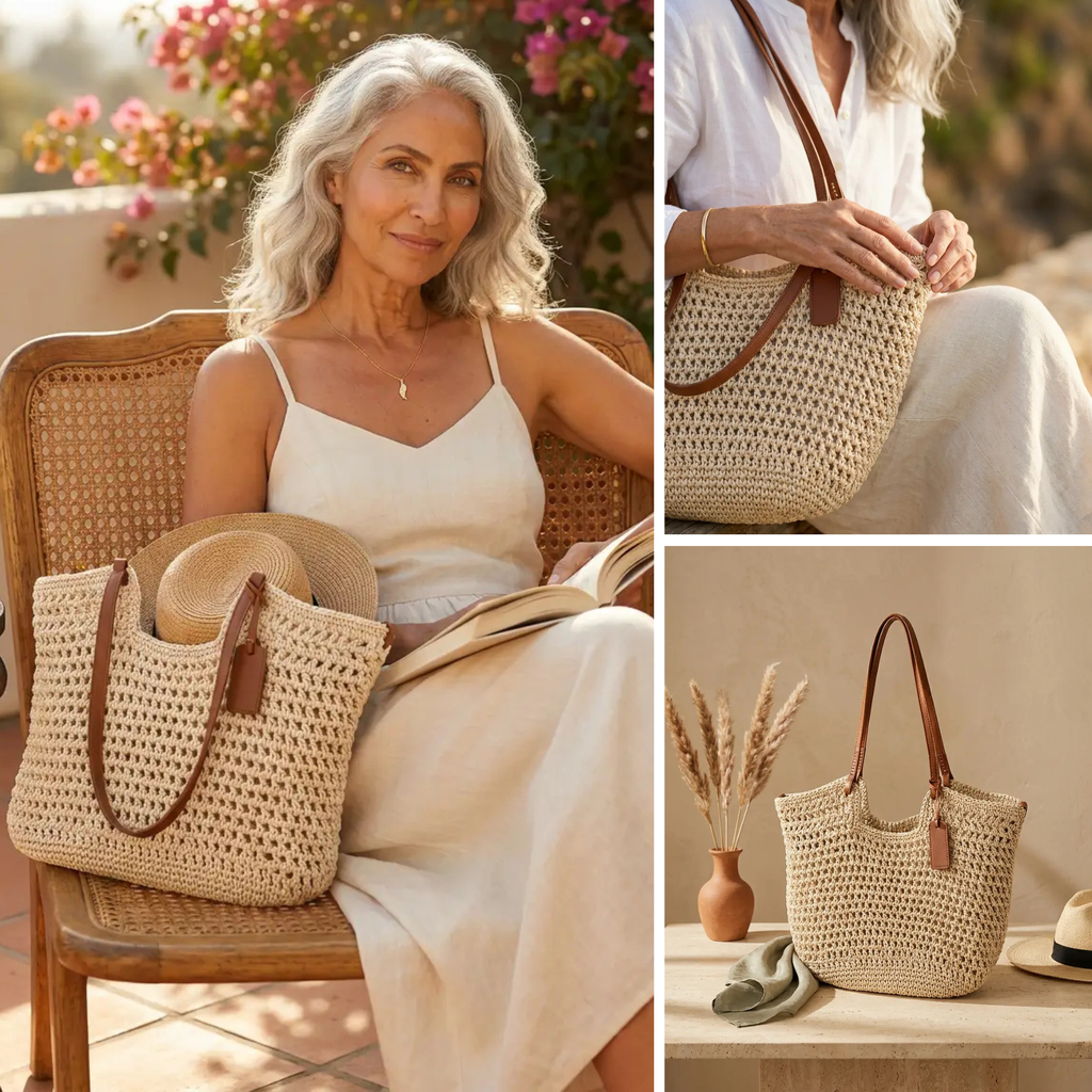 Bolso Shopper Trenzado a Mano en Beige Claro