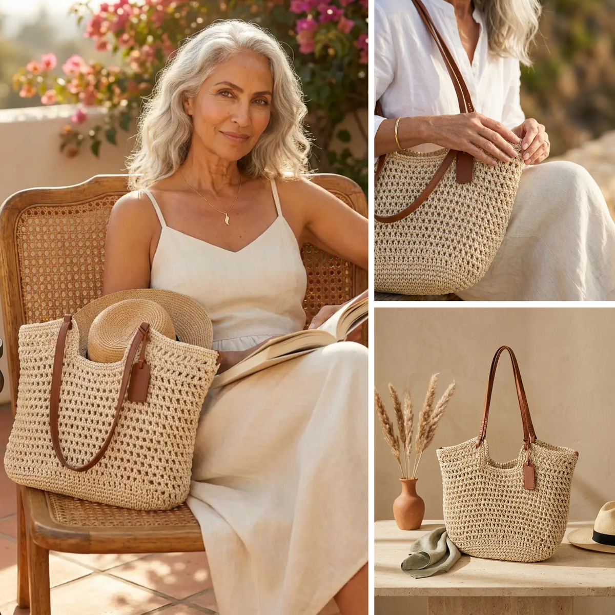 Bolso Shopper Trenzado a Mano en Beige Claro