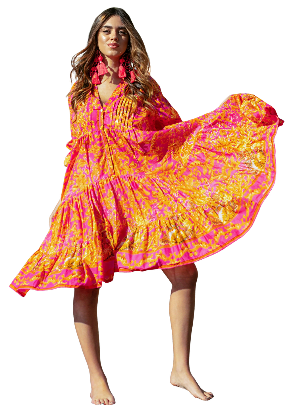 Vestido Corto Boho de Cuello Mao con Mangas 3/4 y Cenefa Bordada