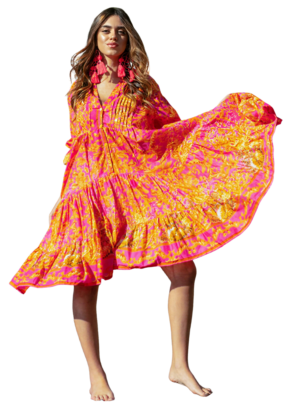Vestido Corto Boho de Cuello Mao con Mangas 3/4 y Cenefa Bordada