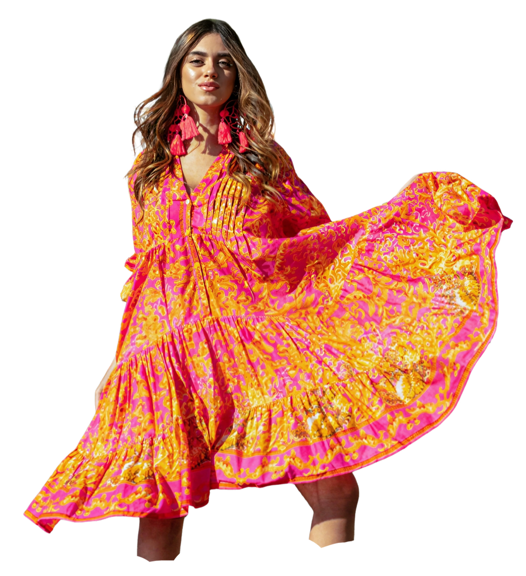 Vestido Corto Boho de Cuello Mao con Mangas 3/4 y Cenefa Bordada