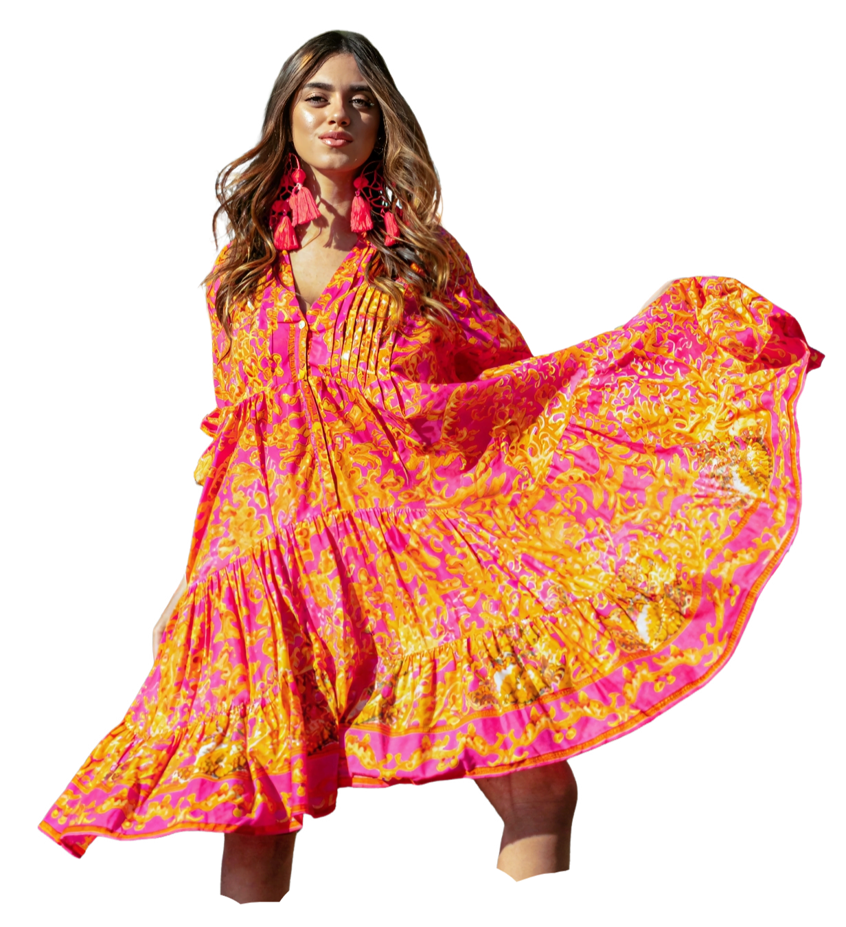 Vestido Corto Boho de Cuello Mao con Mangas 3/4 y Cenefa Bordada