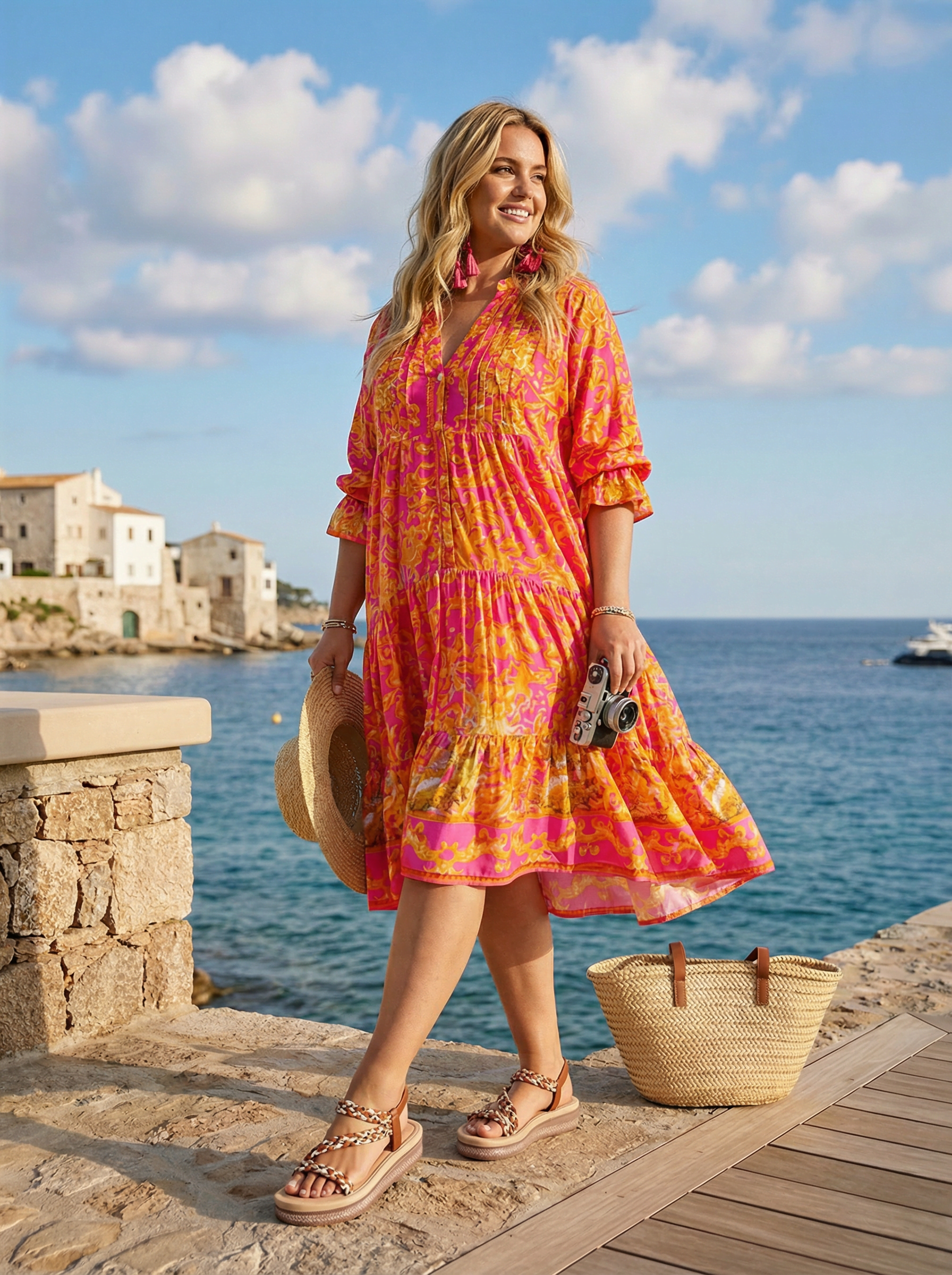 Vestido Corto Boho de Cuello Mao con Mangas 3/4 y Cenefa Bordada