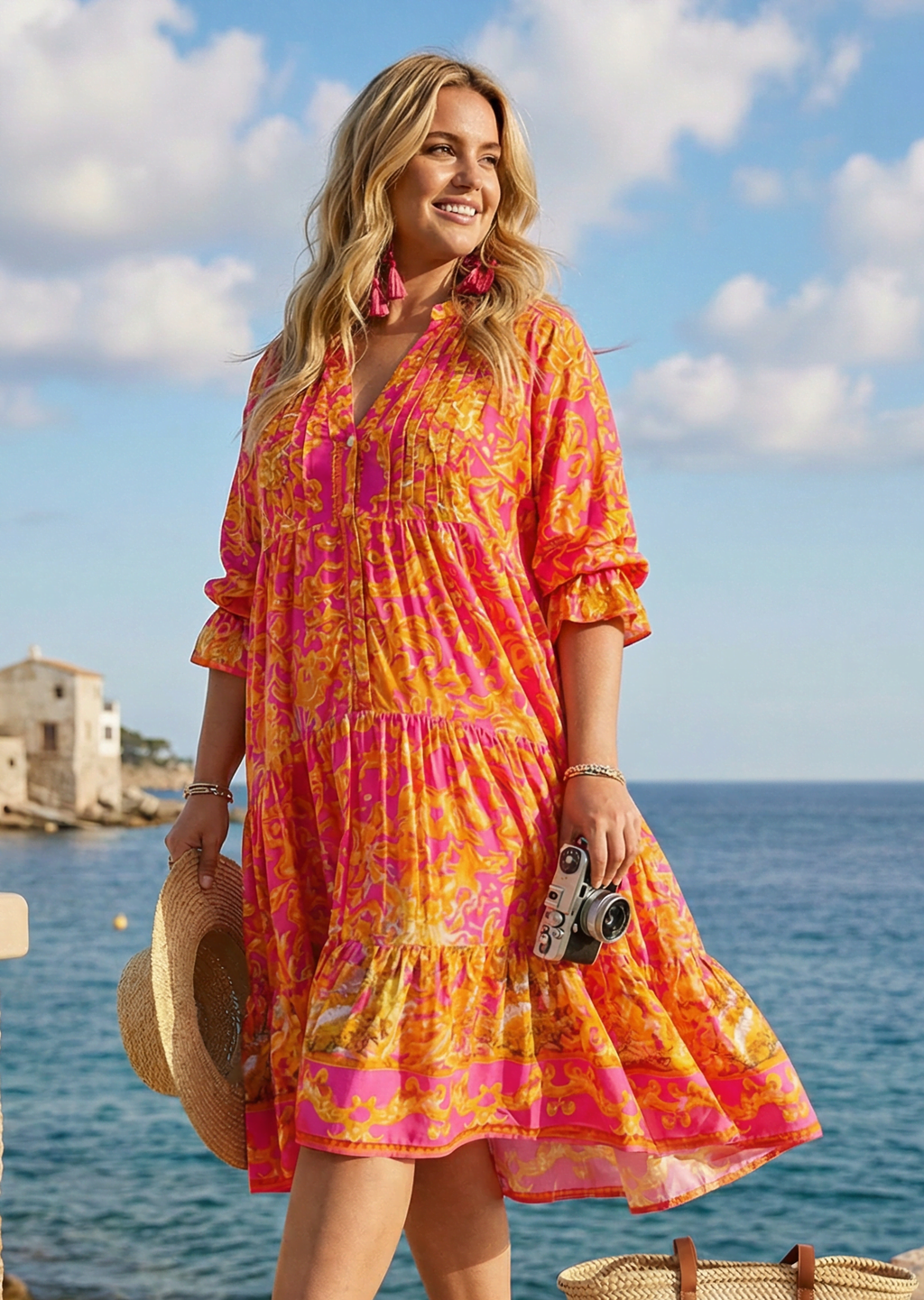 Vestido Corto Boho de Cuello Mao con Mangas 3/4 y Cenefa Bordada