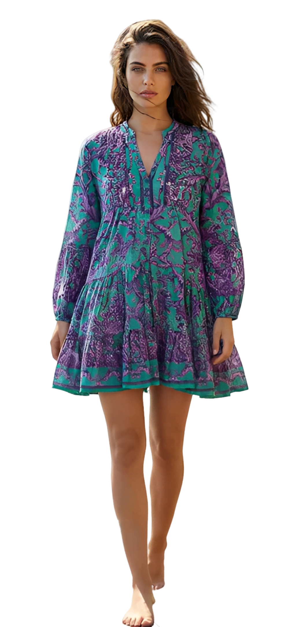 Vestido Corto Boho de Cuello Mao con Mangas 3/4 y Cenefa Bordada