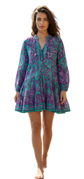 Vestido Corto Boho de Cuello Mao con Mangas 3/4 y Cenefa Bordada