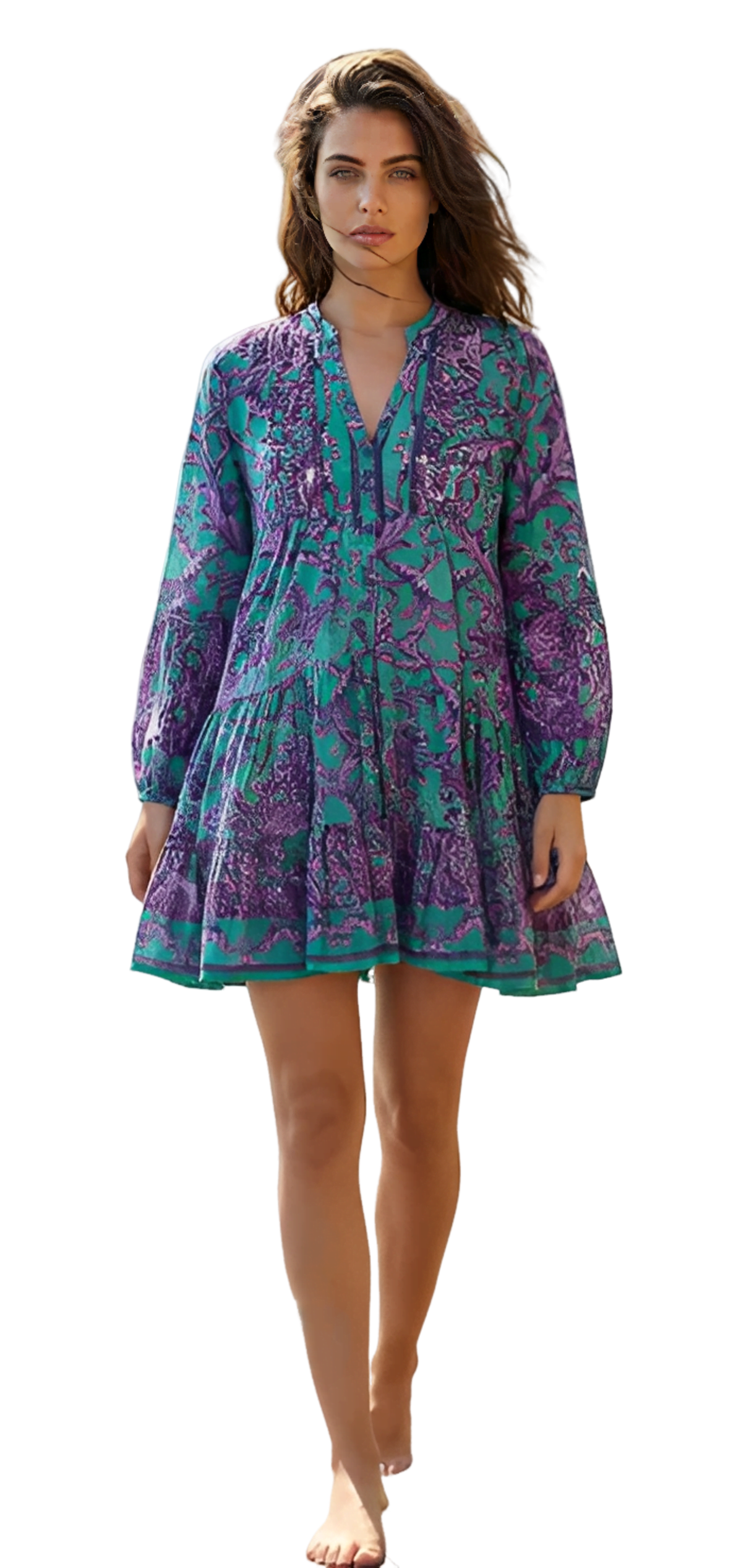 Vestido Corto Boho de Cuello Mao con Mangas 3/4 y Cenefa Bordada