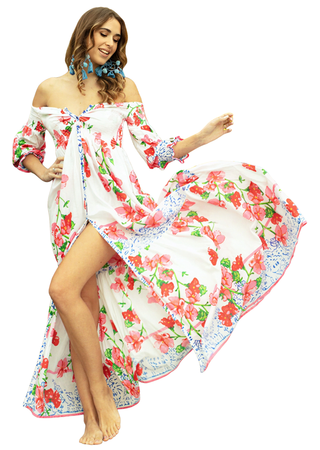 Vestido Largo Boho de Hombros Descubiertos con Estampado de Cítricos y Mangas Anchas