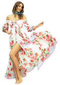 Vestido Largo Boho de Hombros Descubiertos con Estampado de Cítricos y Mangas Anchas