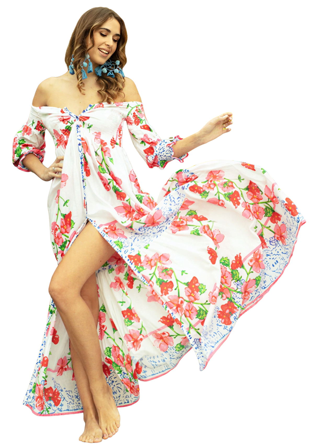 Vestido Largo Boho de Hombros Descubiertos con Estampado de Cítricos y Mangas Anchas