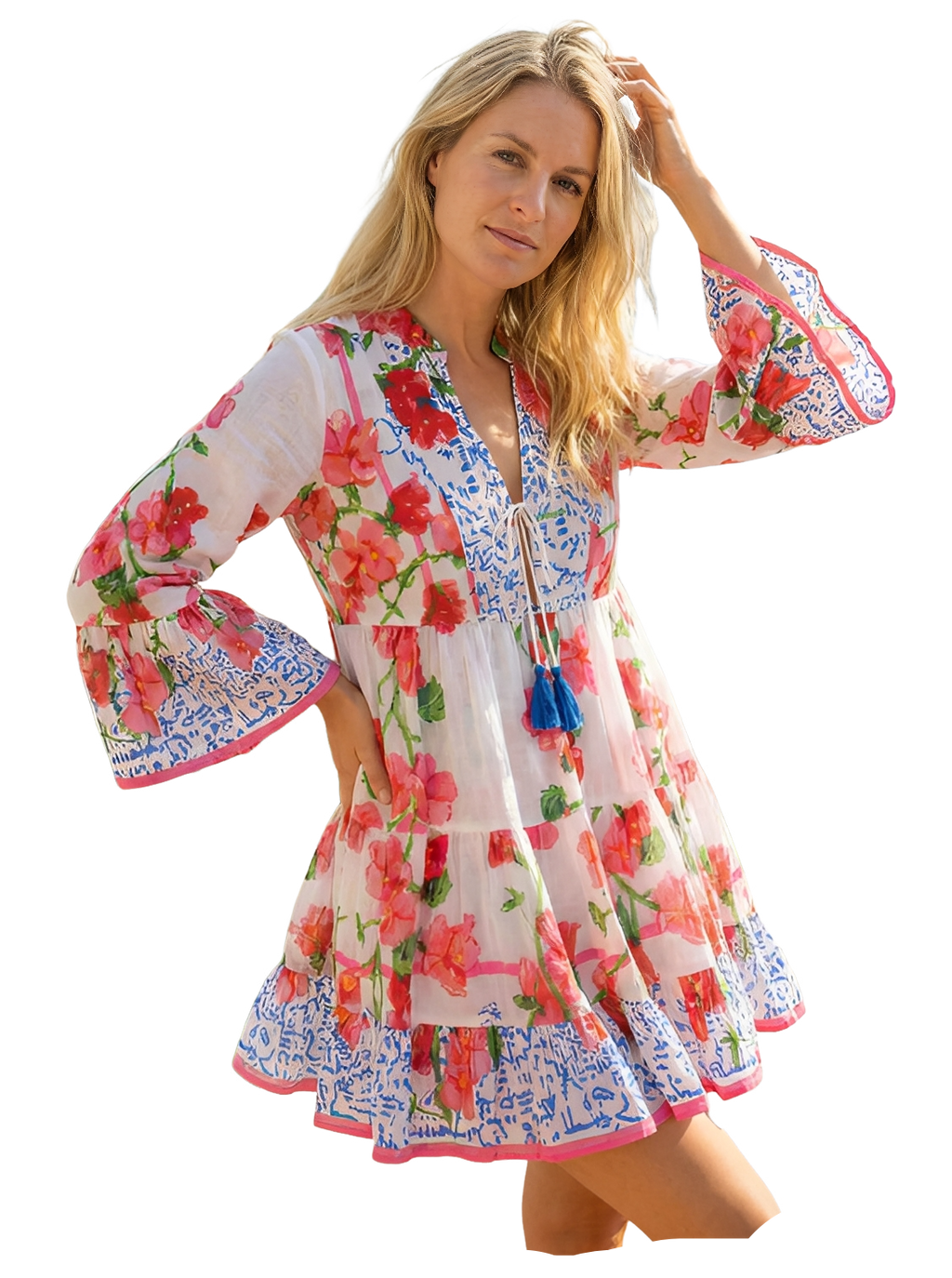 Vestido Corto Boho Estampado con Cuello Mao y Bordado Delantero