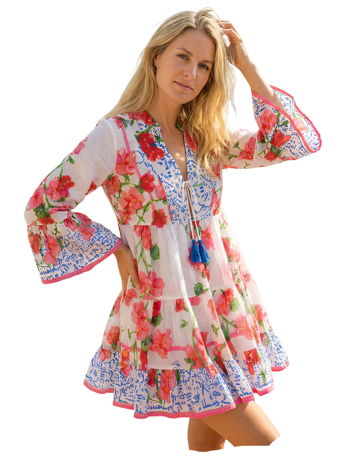 Vestido Corto Boho Estampado con Cuello Mao y Bordado Delantero