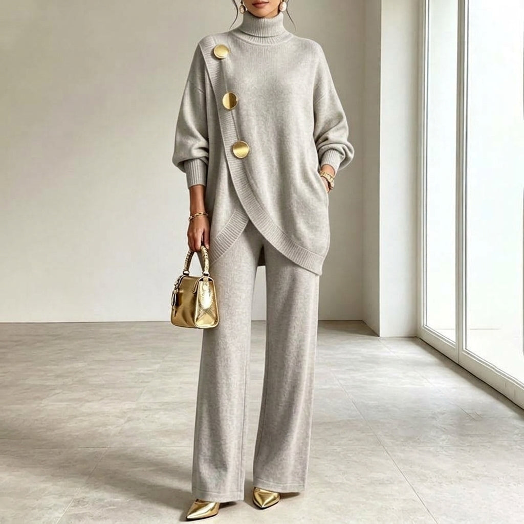 Conjunto de Punto con Jersey de Cuello Alto y Pantalón Ancho
