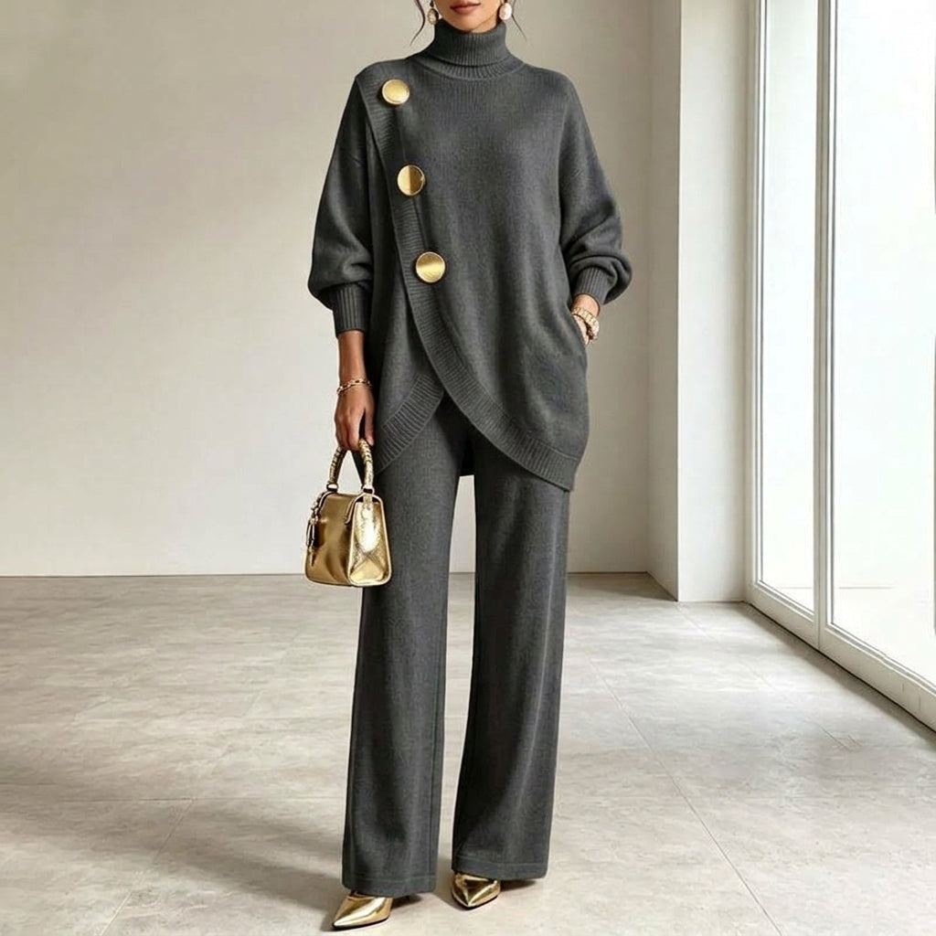 Conjunto de Punto con Jersey de Cuello Alto y Pantalón Ancho