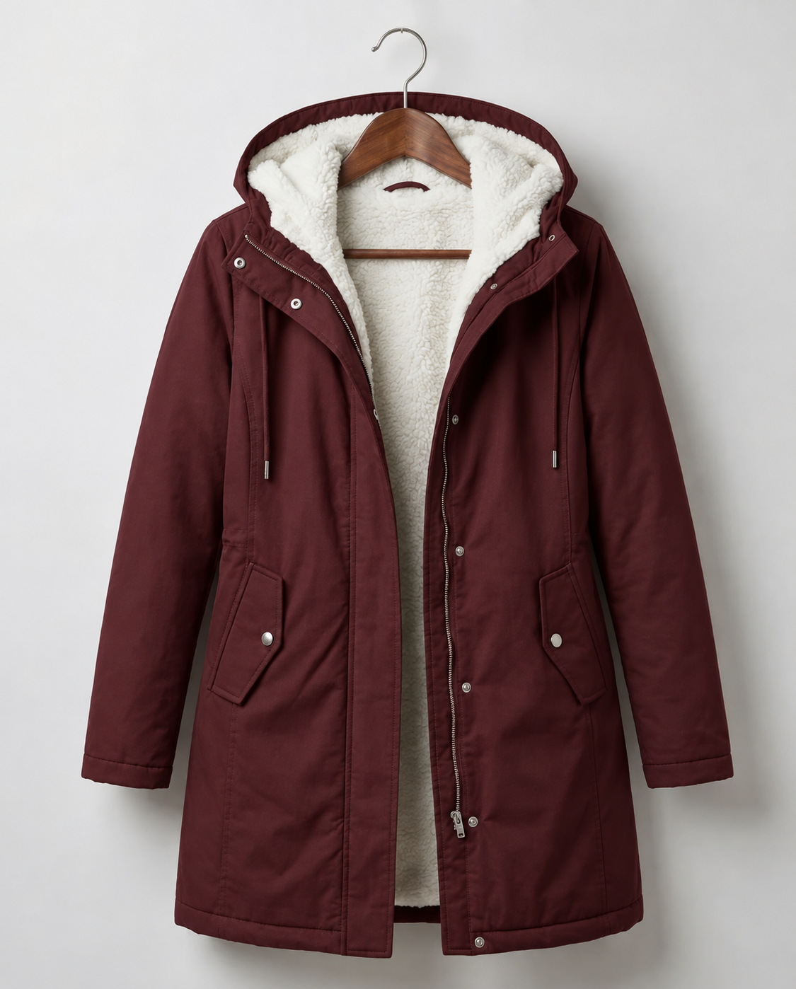Abrigo Largo Impermeable con Capucha y Forro Sherpa