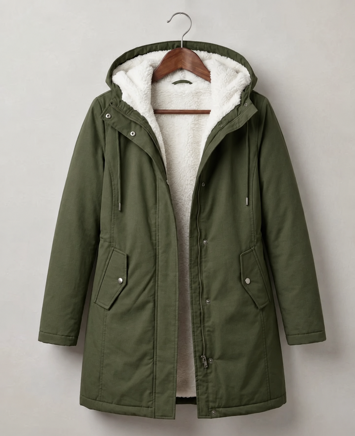 Abrigo Largo Impermeable con Capucha y Forro Sherpa